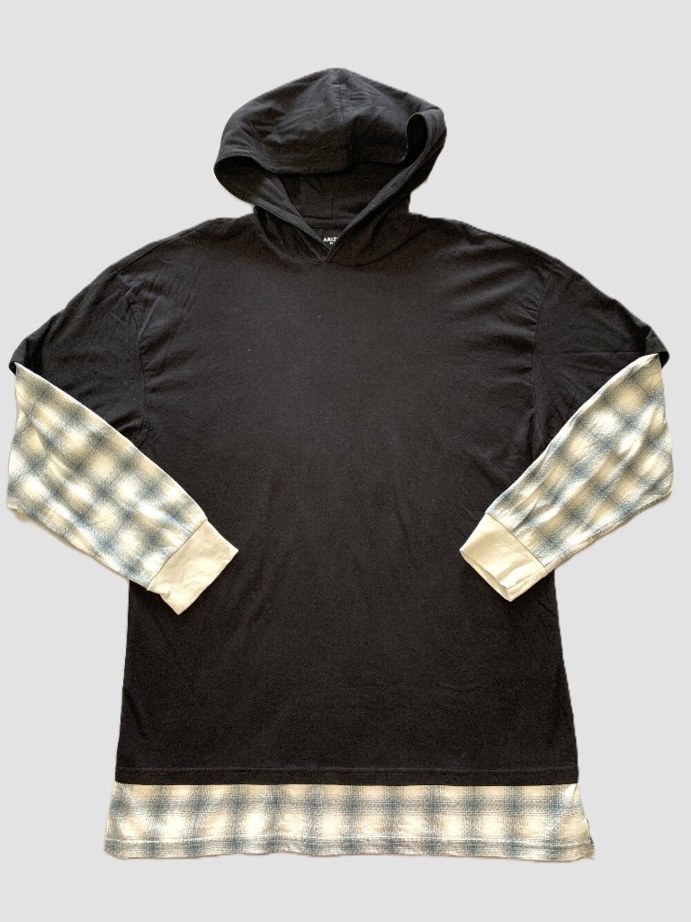 Arizona Men Lightweight Hoodie Black Plaid Sleeves Oversized Size M